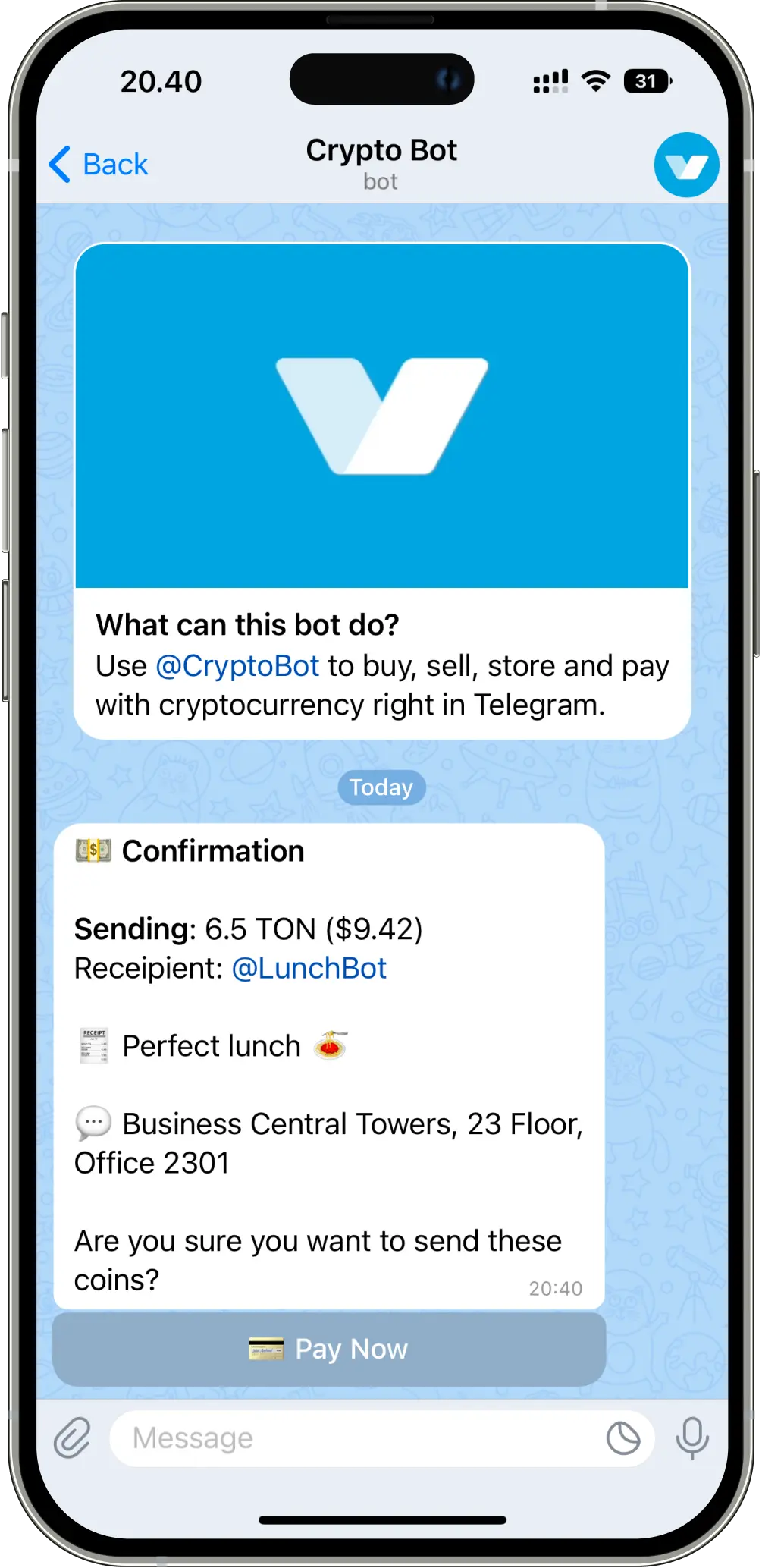 title image demonstration how to CryptoBot looks at iphone 15 pro